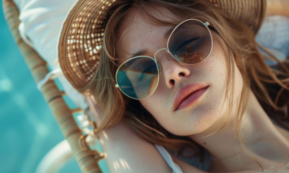 A woman relaxing outdoors with a hat and sunglasses, one phrase use suggestion: advertising or editorial purposes.